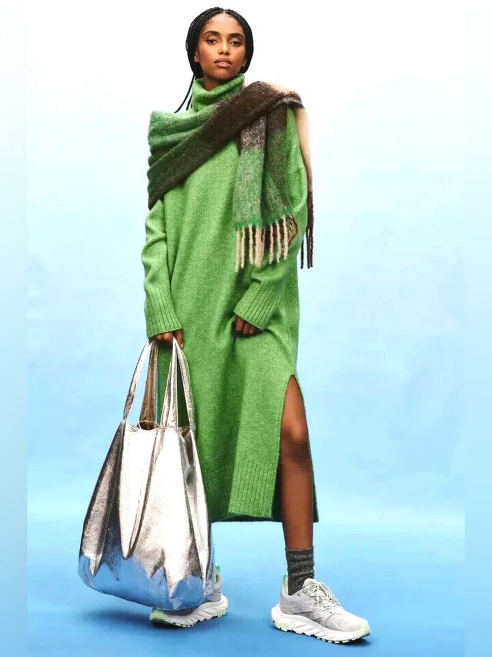 Anthropologie Daily Practice Turtleneck Cocoon Sweater Dress XS Green Oversized